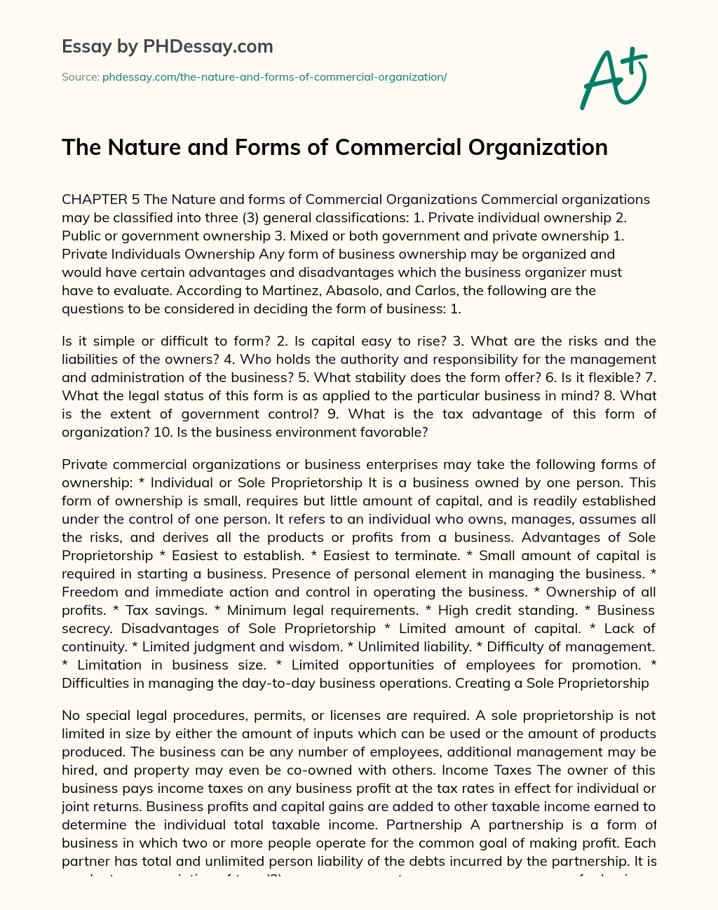 The Nature and Forms of Commercial Organization essay