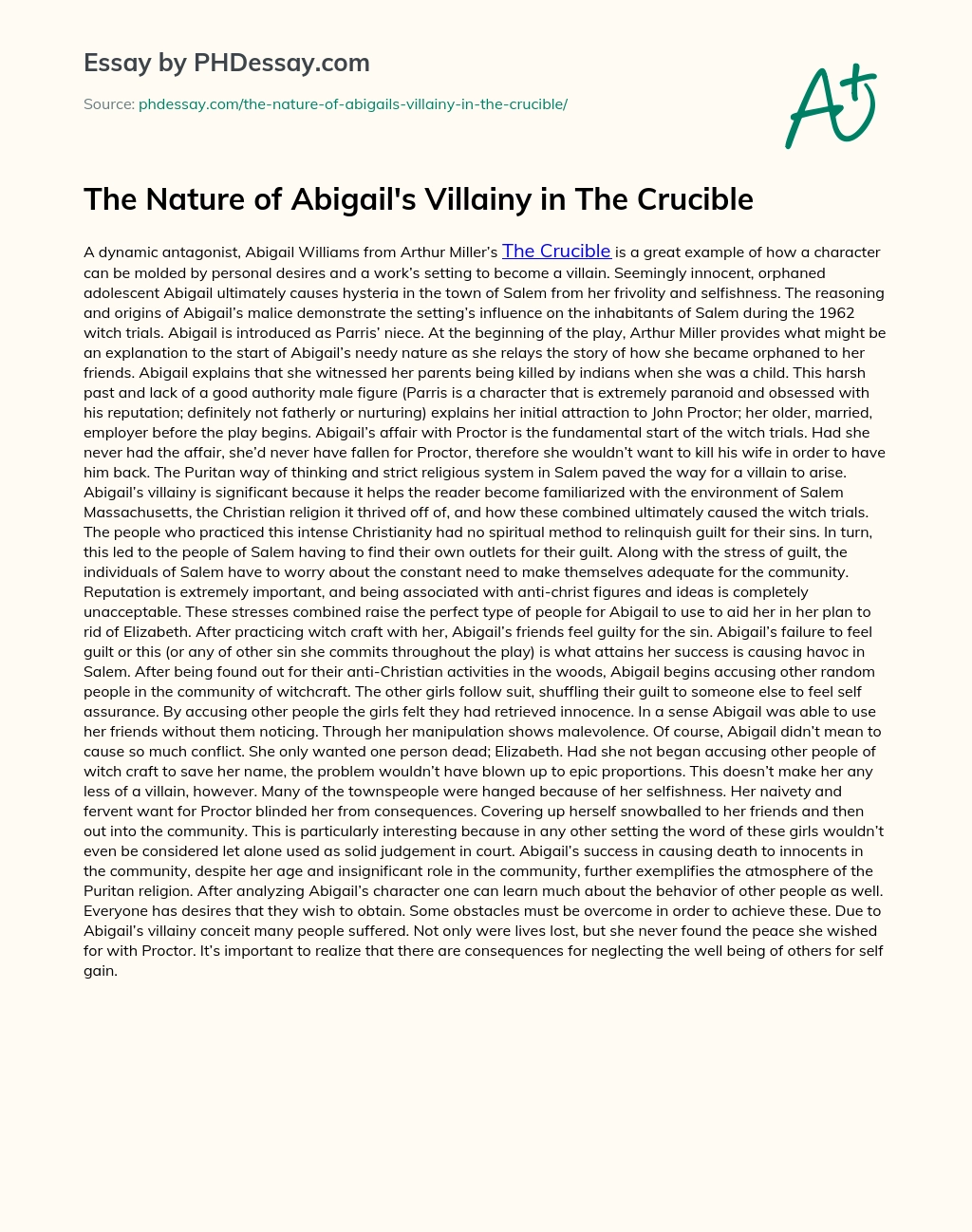 The Nature of Abigail’s Villainy in The Crucible essay