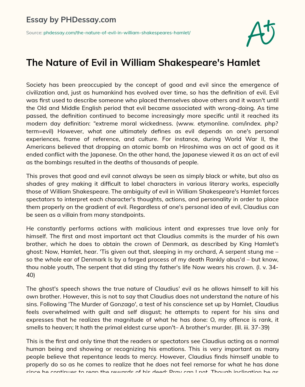 The Nature of Evil in William Shakespeare’s Hamlet essay