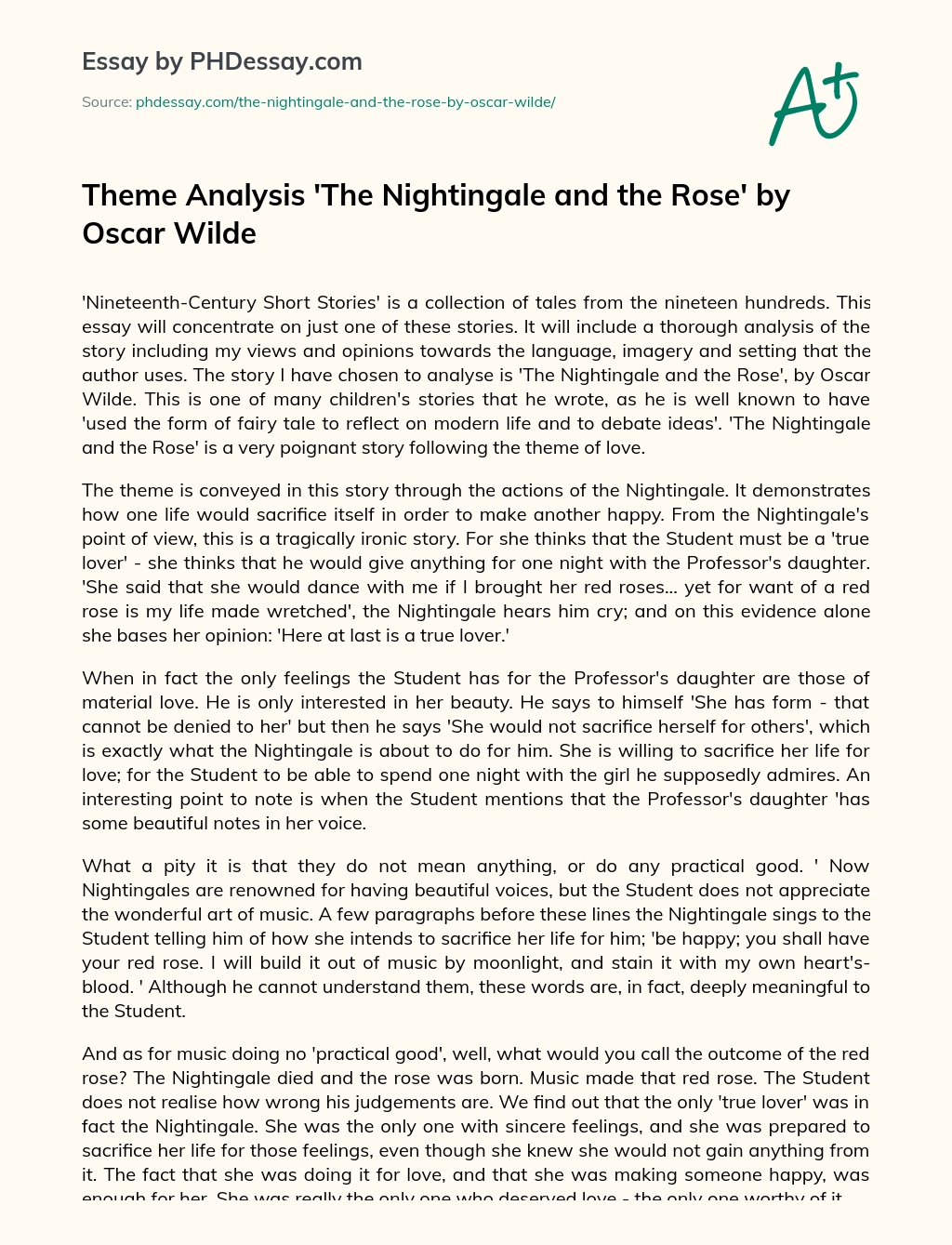 Theme Analysis ‘The Nightingale and the Rose’ by Oscar Wilde essay