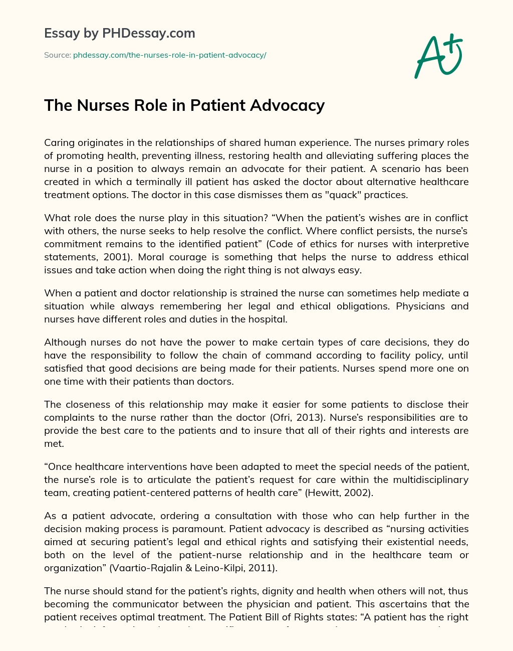 The Nurses Role in Patient Advocacy essay
