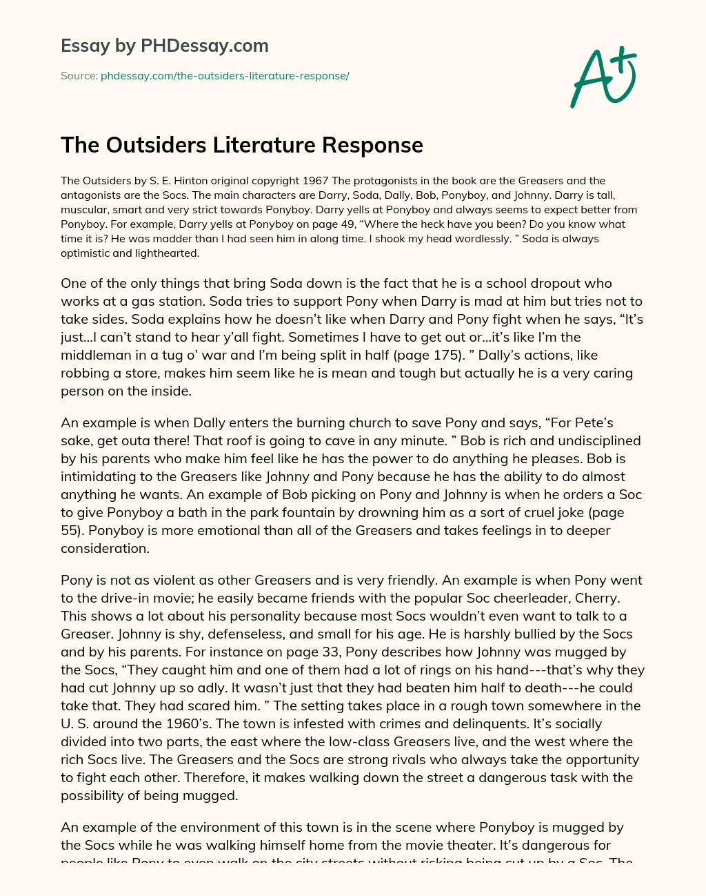The Outsiders Literature Response essay