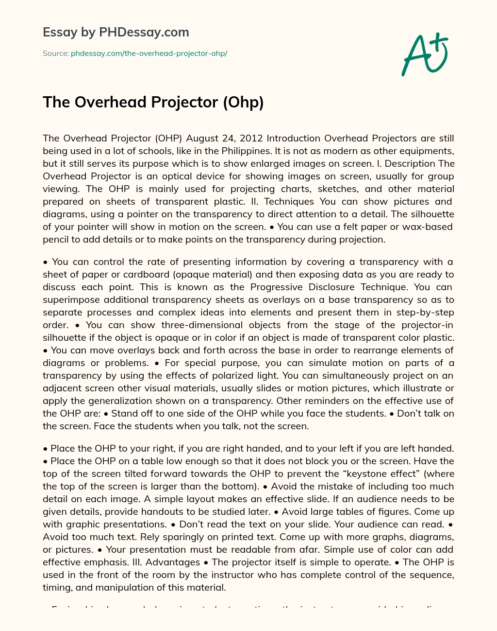 The Overhead Projector (Ohp) essay