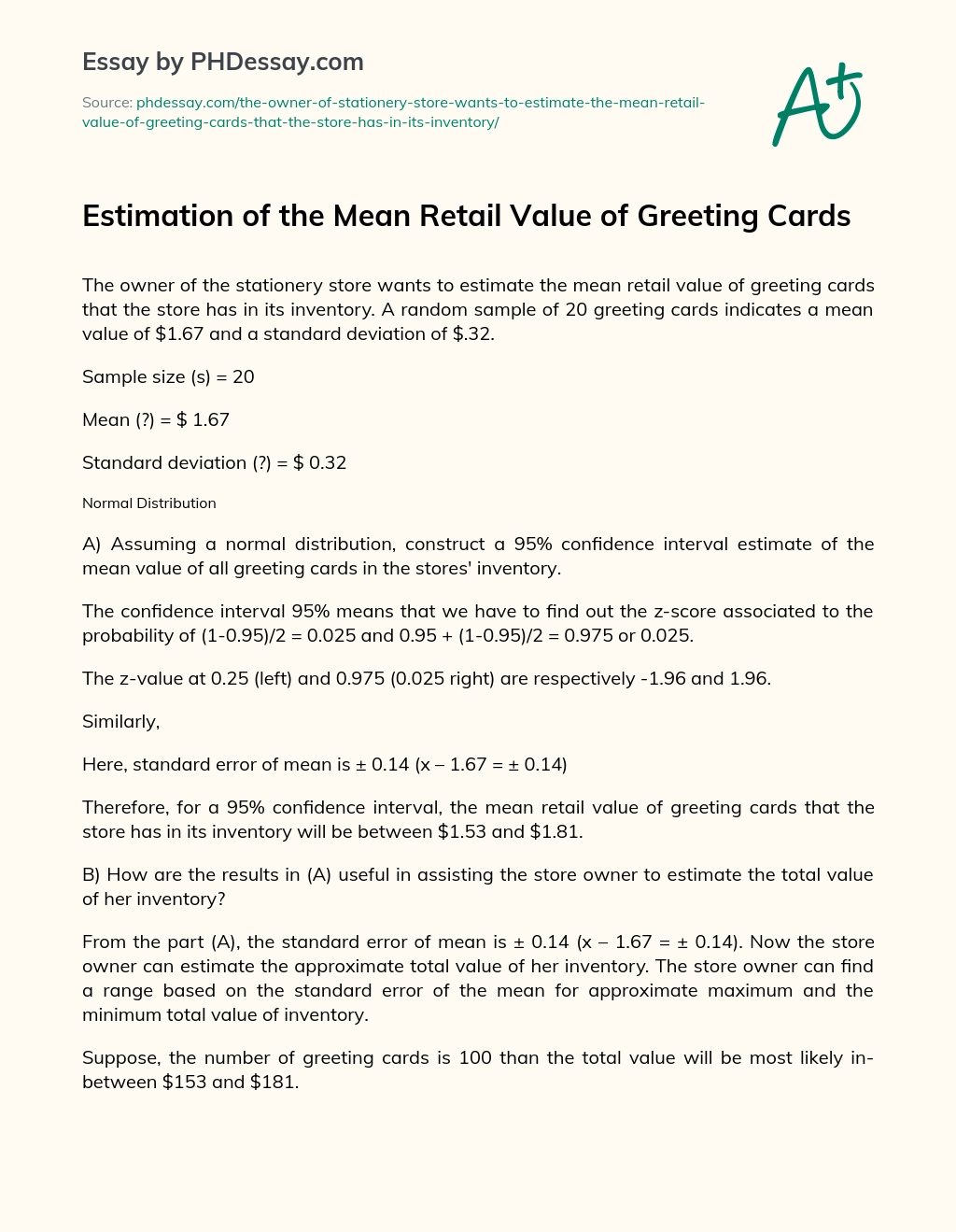Estimation of the Mean Retail Value of Greeting Cards essay