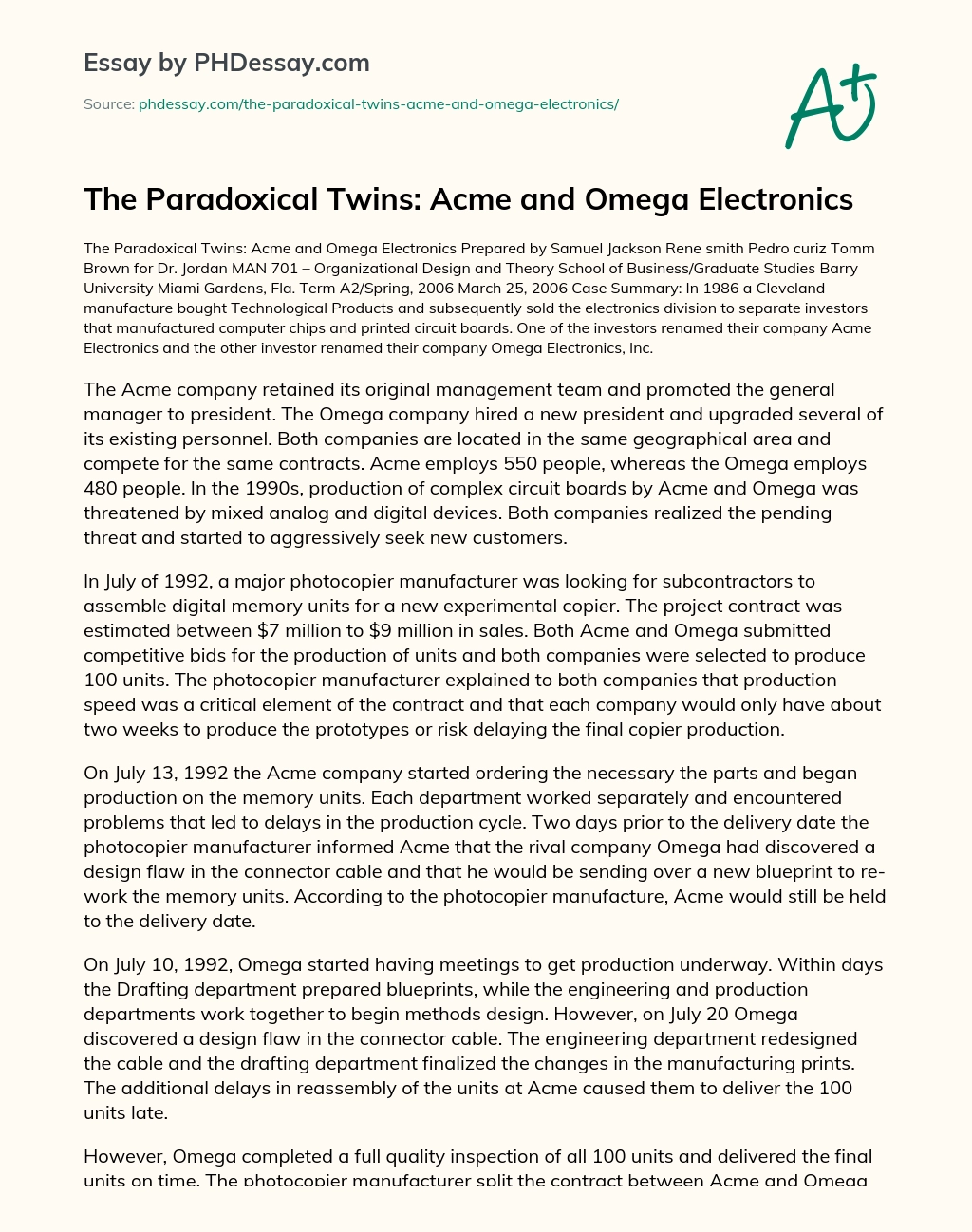 The Paradoxical Twins: Acme and Omega Electronics essay