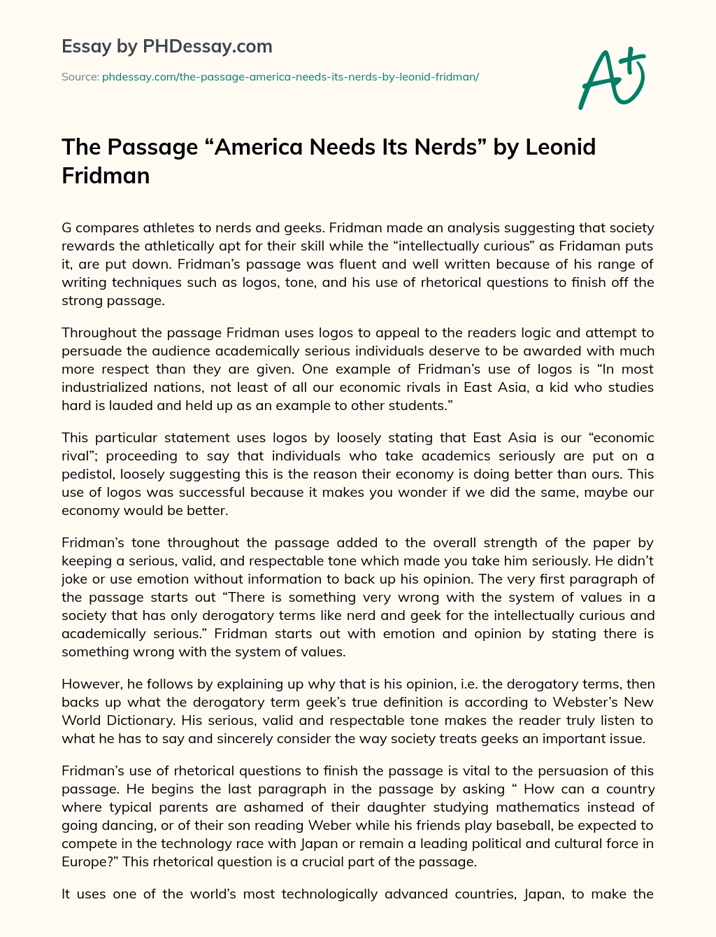 The Passage “America Needs Its Nerds” by Leonid Fridman essay