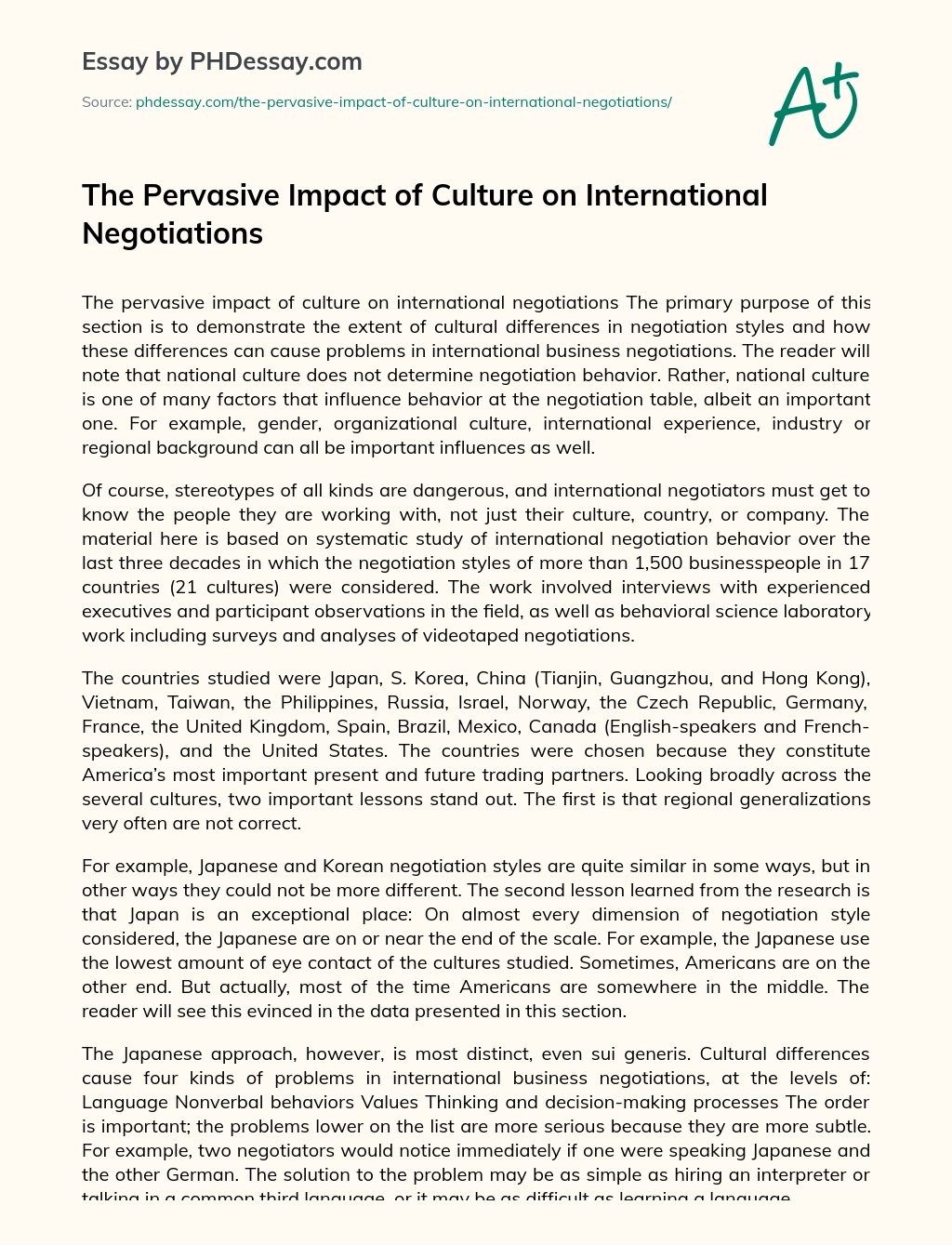 The Pervasive Impact of Culture on International Negotiations essay
