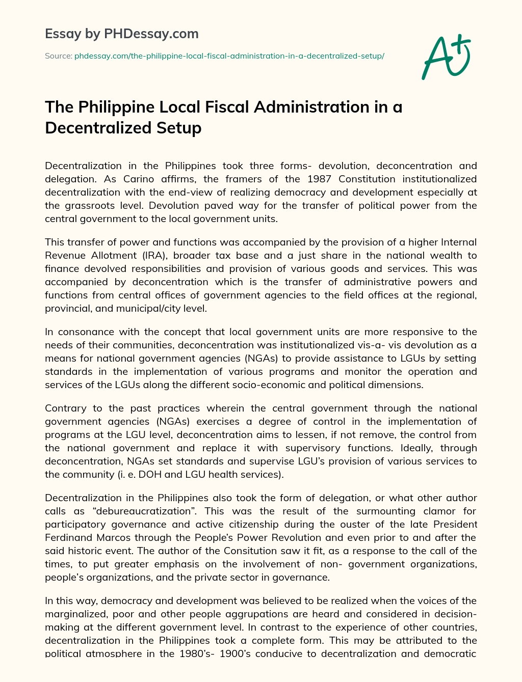 The Philippine Local Fiscal Administration in a Decentralized Setup essay