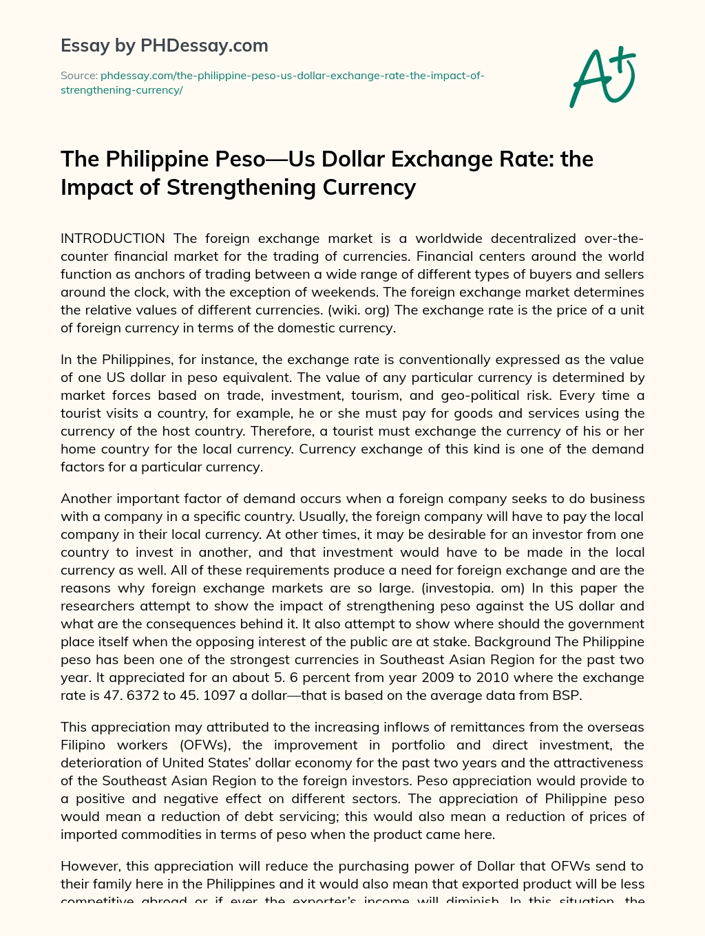 The Philippine Peso—Us Dollar Exchange Rate: the Impact of Strengthening Currency essay