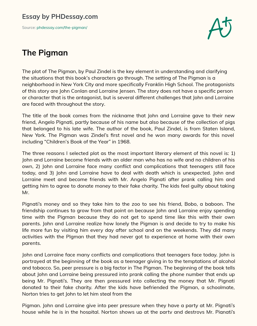 Analysis of The Pigman by Paul Zindel: Plot is Key to Understanding Characters and Situations essay