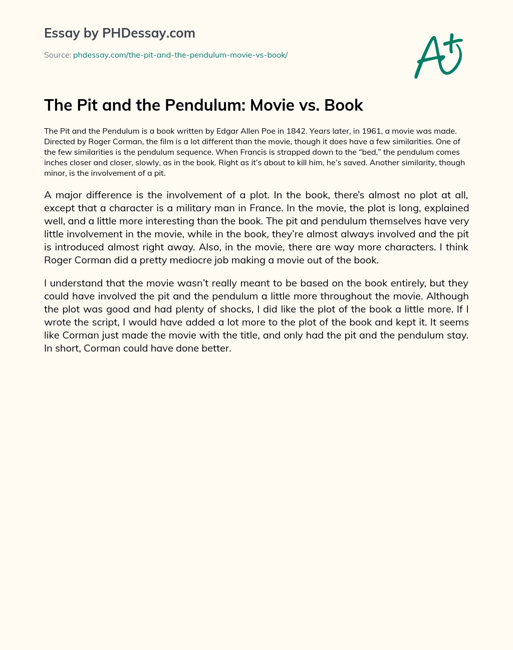 The Pit and the Pendulum: Movie vs. Book essay