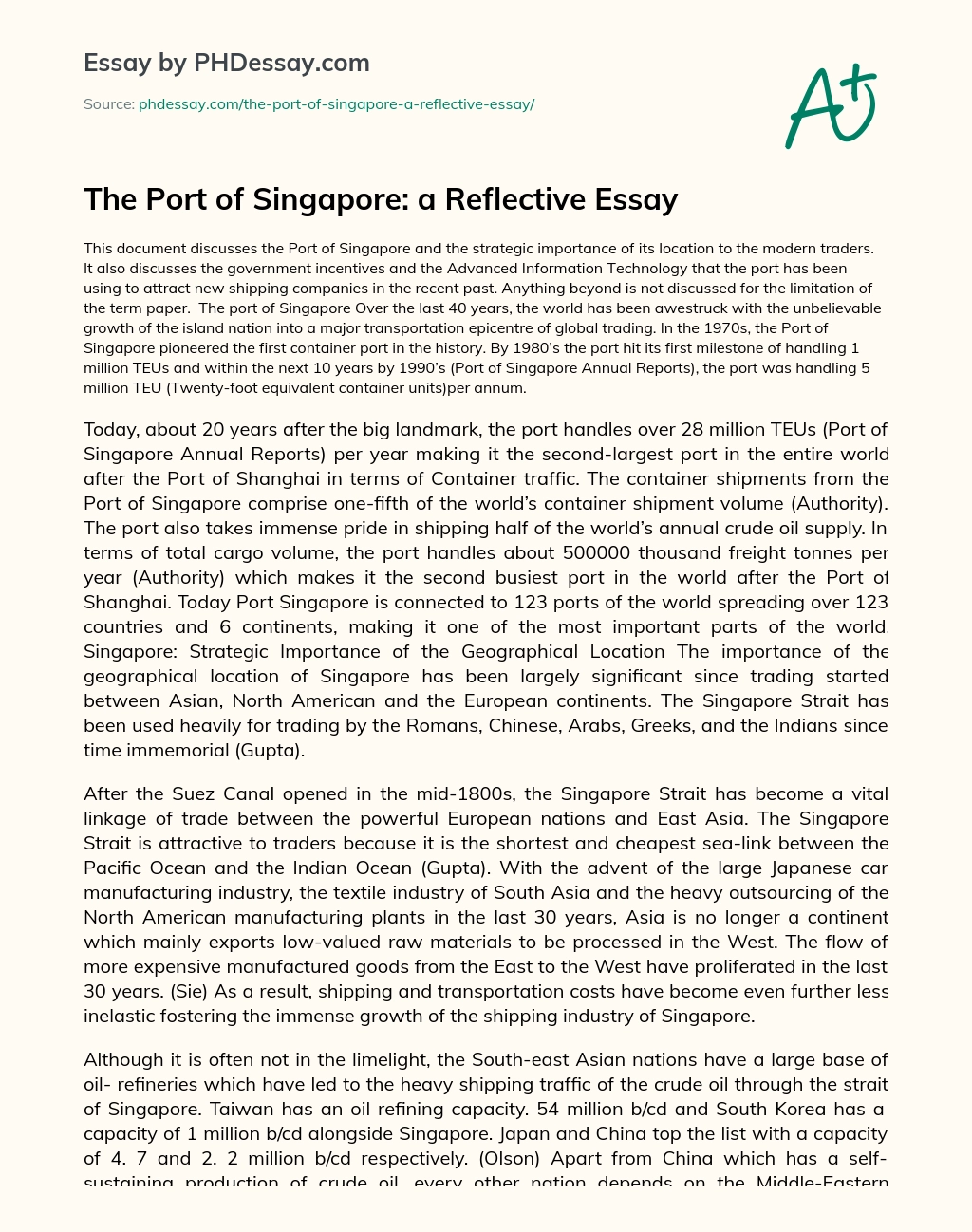The Port of Singapore: a Reflective Essay essay