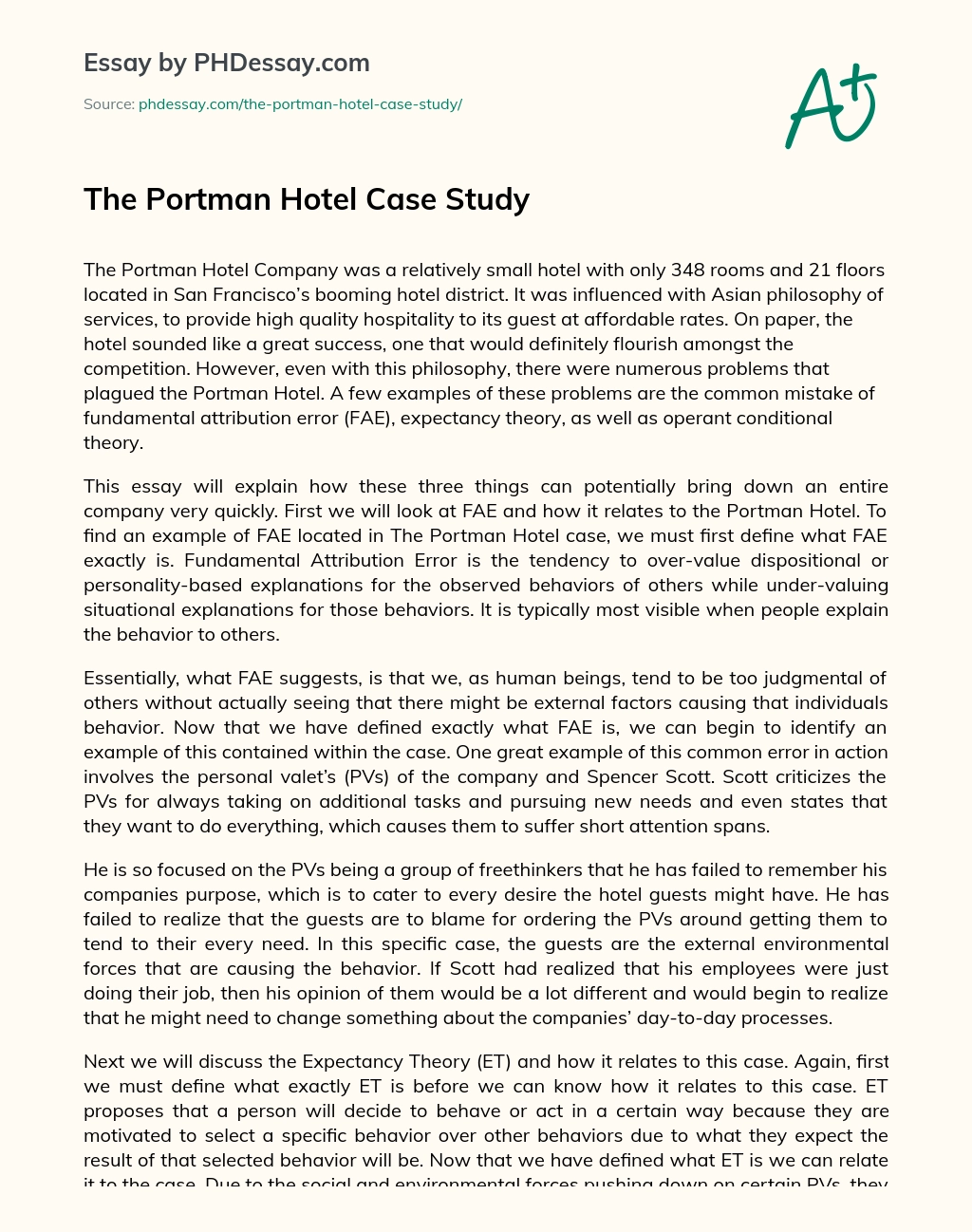 The Portman Hotel Case Study essay