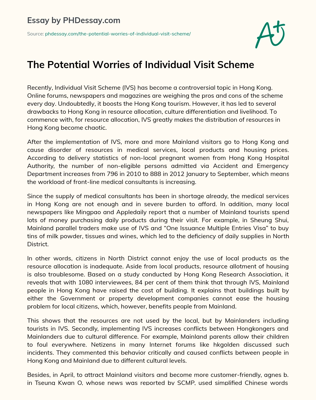 The Potential Worries of Individual Visit Scheme essay