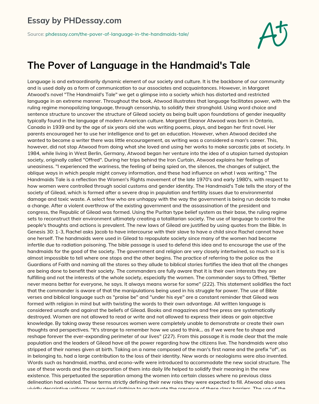 The Pover of Language in the Handmaid’s Tale essay