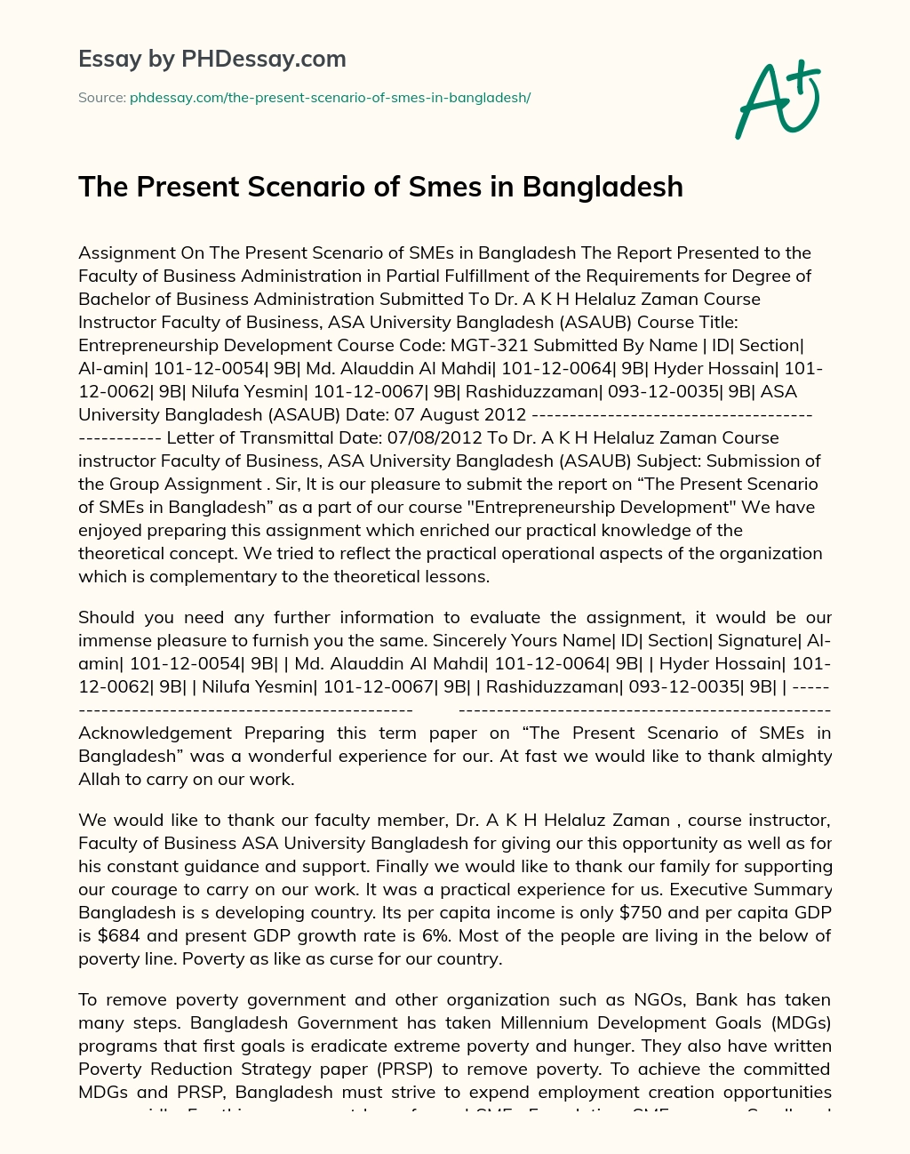 The Present Scenario of Smes in Bangladesh essay