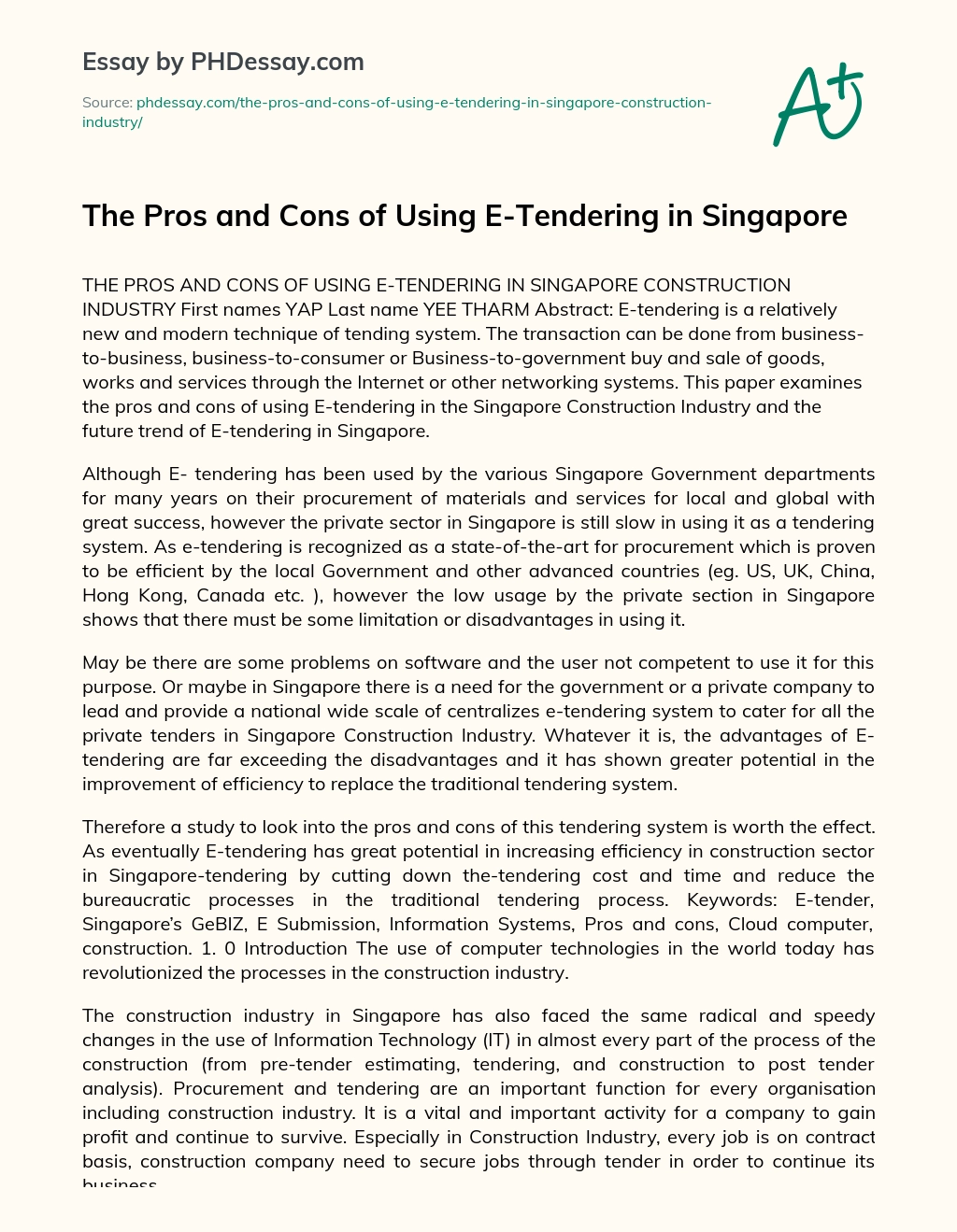 The Pros and Cons of Using E-Tendering in Singapore essay