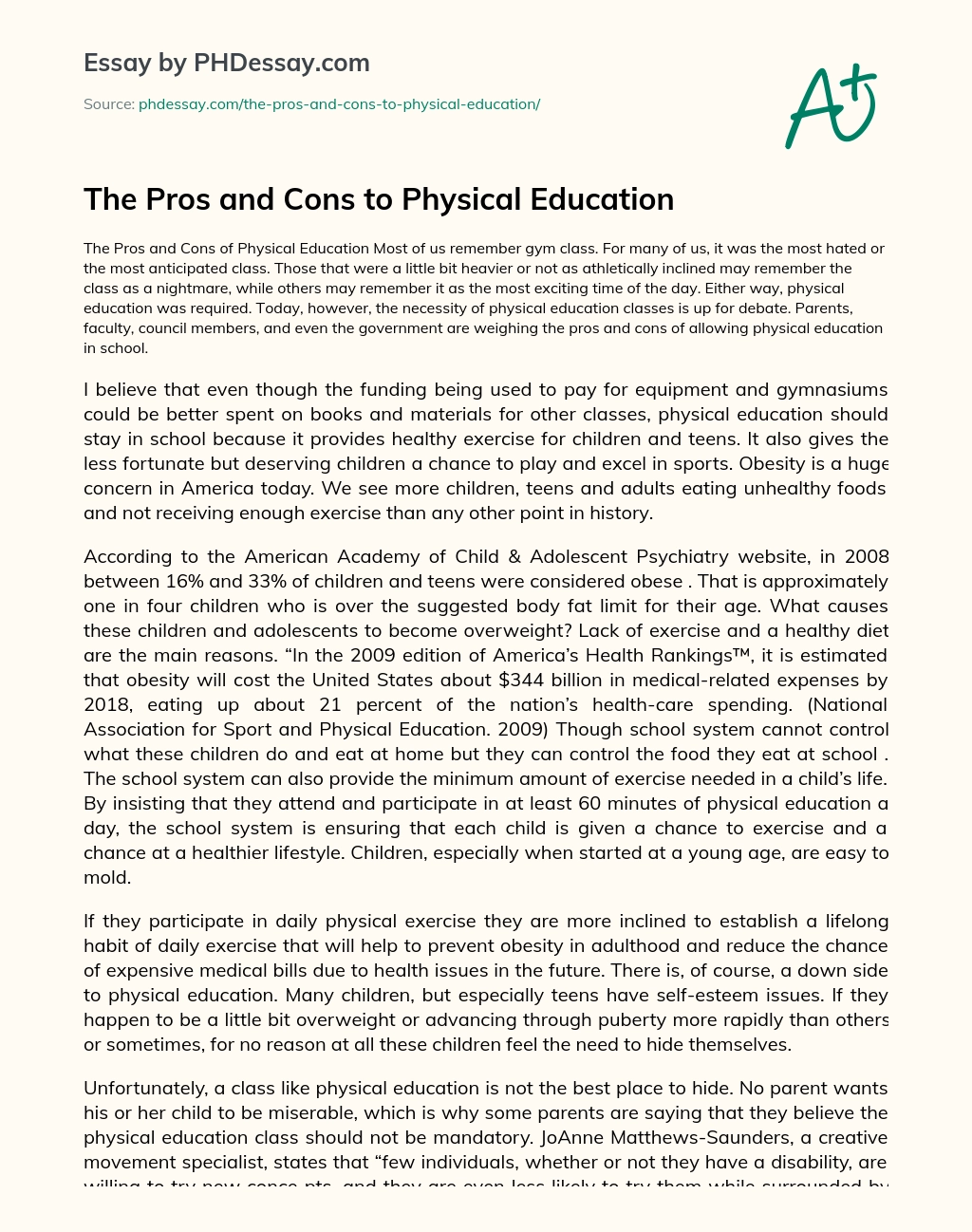 The Pros and Cons to Physical Education essay