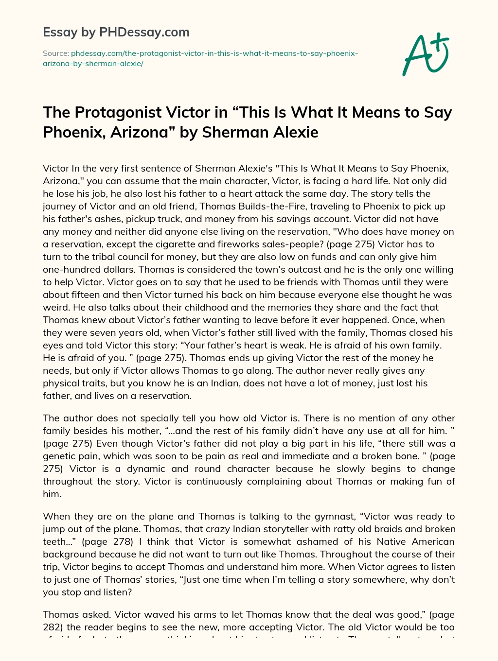 The Protagonist Victor in “This Is What It Means to Say Phoenix, Arizona” by Sherman Alexie essay