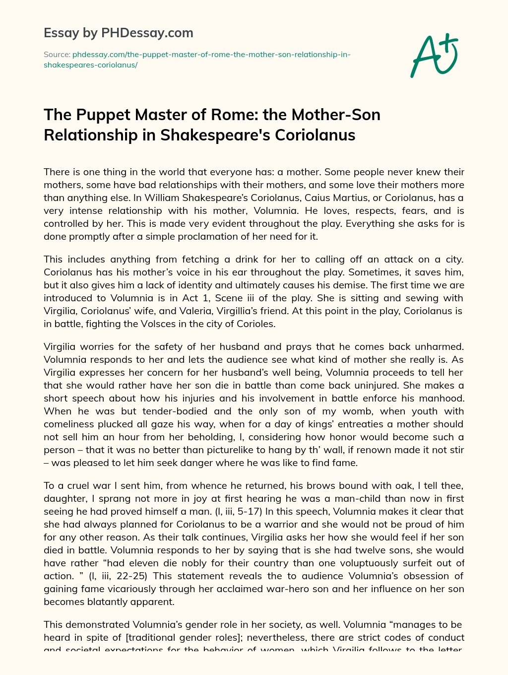 The Puppet Master of Rome: the Mother-Son Relationship in Shakespeare’s Coriolanus essay