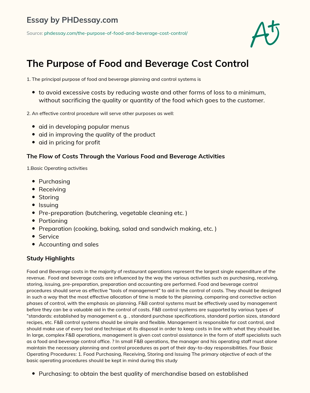 The Purpose of Food and Beverage Cost Control essay