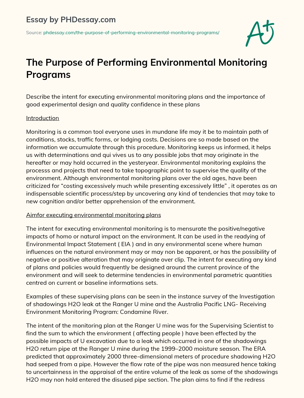 The Purpose of Performing Environmental Monitoring Programs essay
