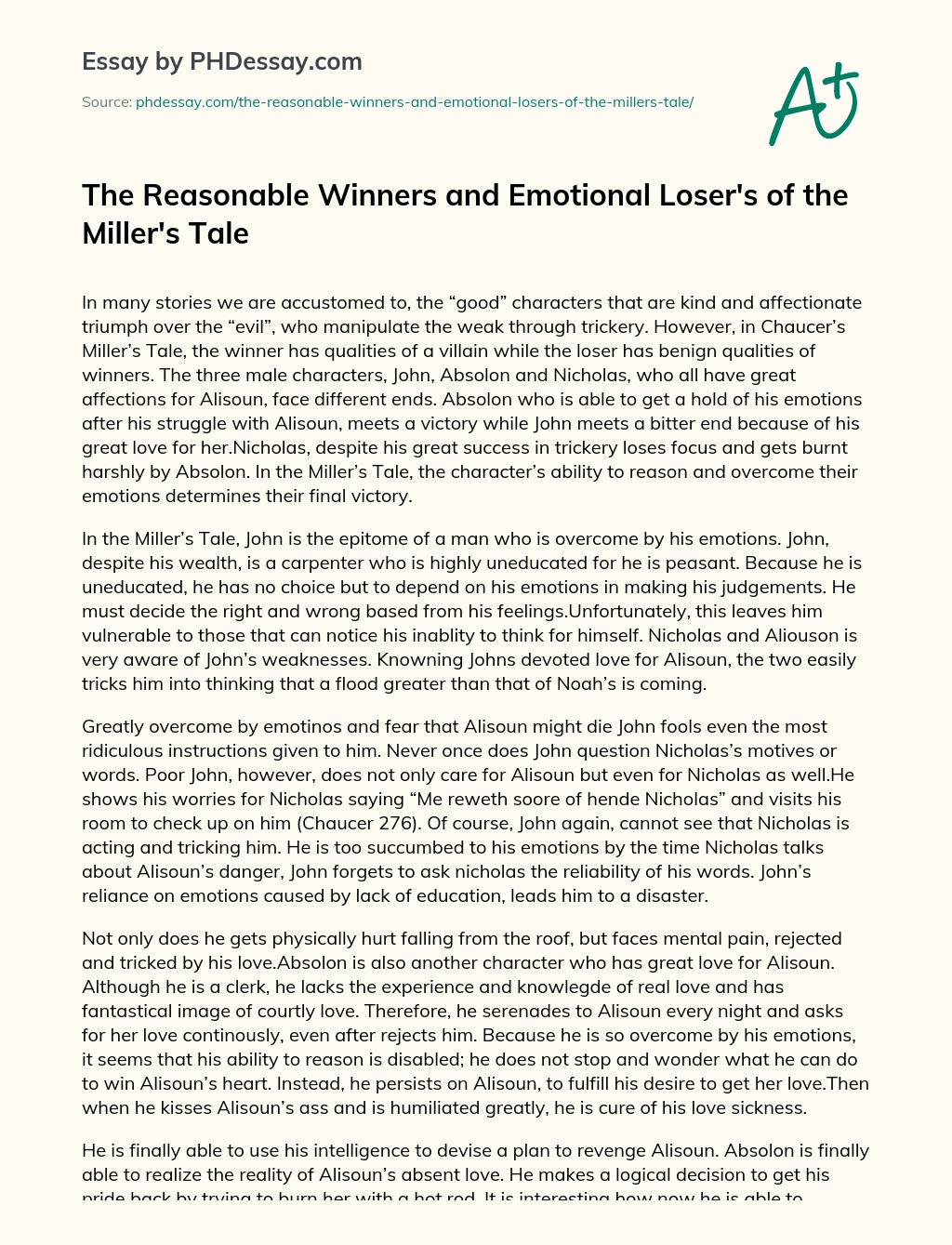The Reasonable Winners and Emotional Loser’s of the Miller’s Tale essay