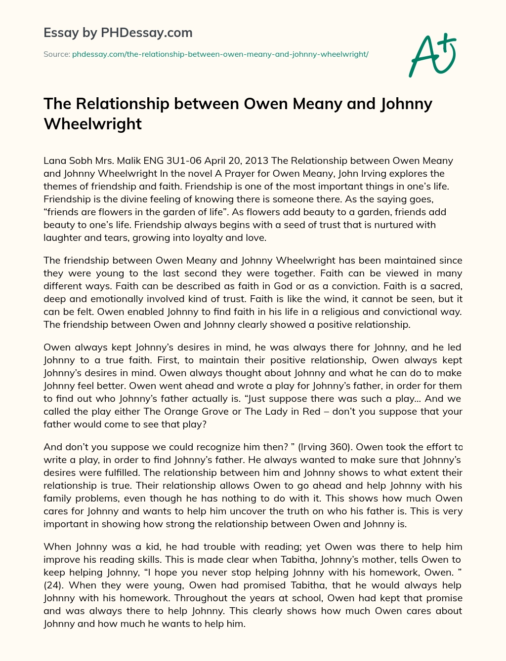 The Relationship between Owen Meany and Johnny Wheelwright essay