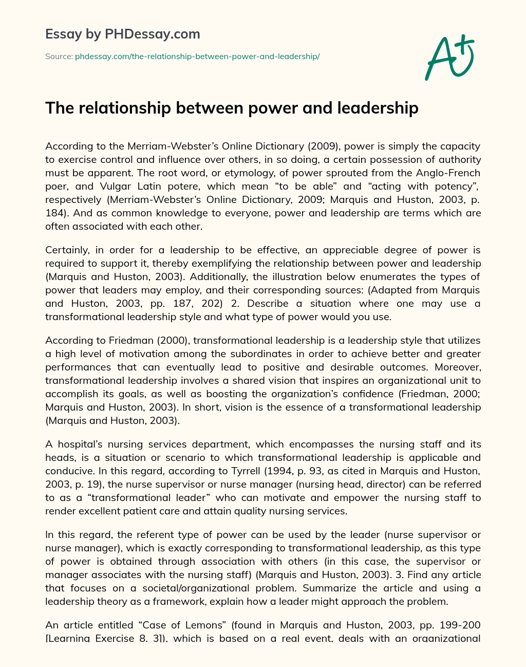 The relationship between power and leadership essay