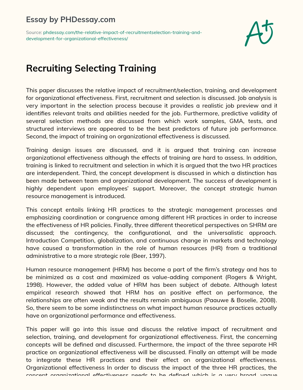 Recruiting Selecting Training essay