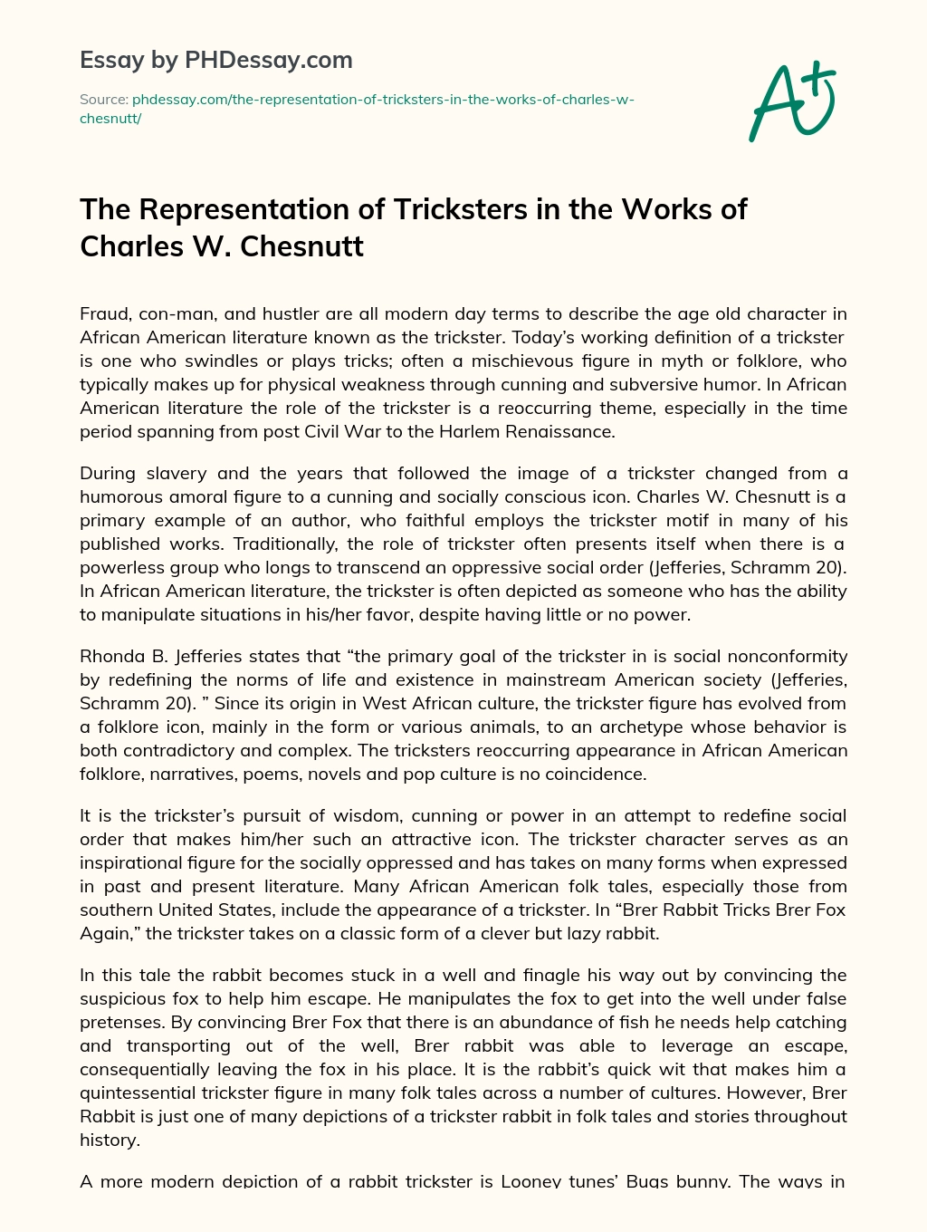 The Representation of Tricksters in the Works of Charles W. Chesnutt essay