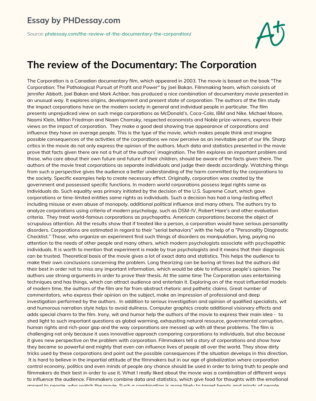The review of the Documentary: The Corporation essay