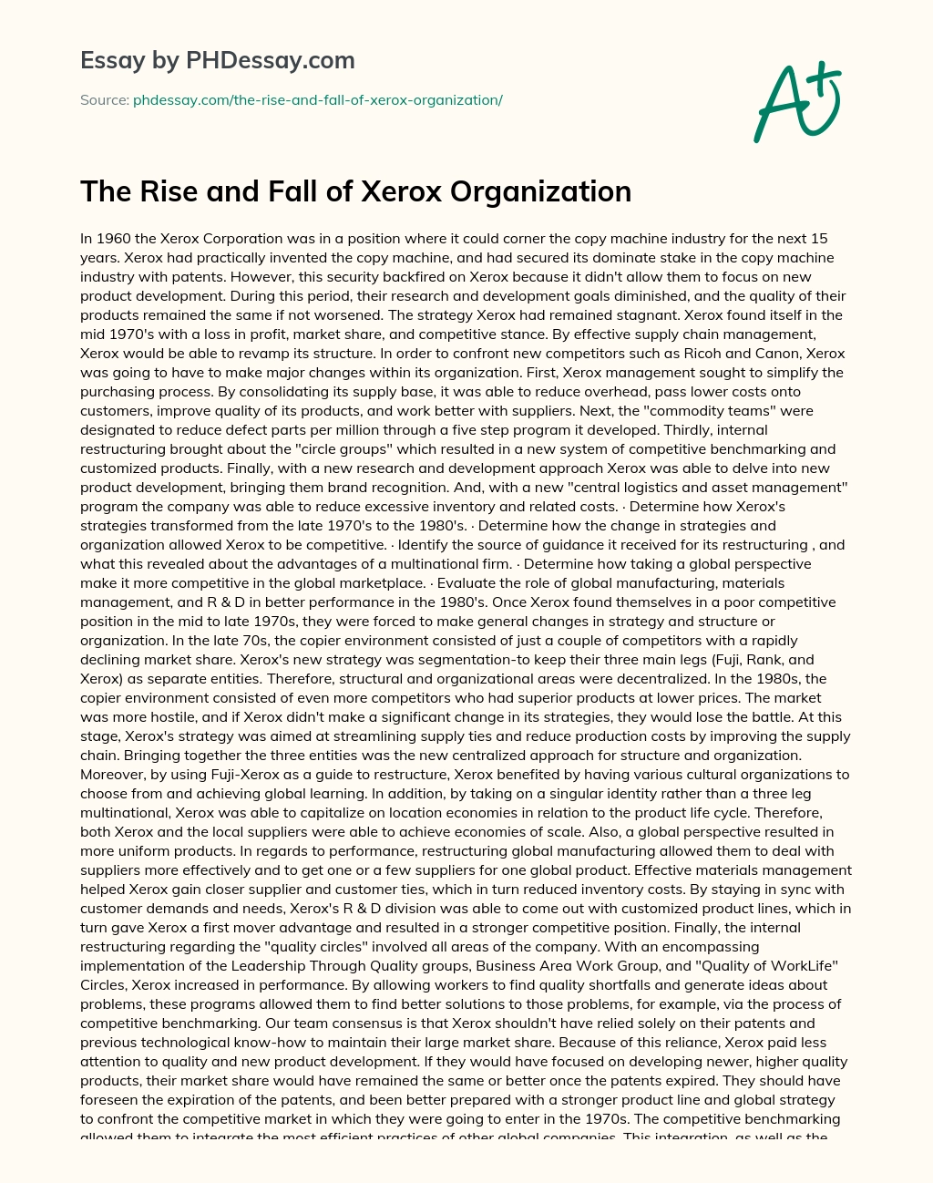 The Rise and Fall of Xerox Organization essay