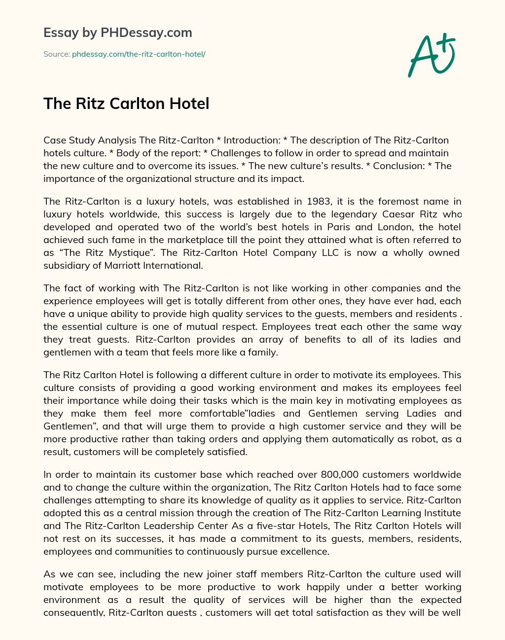 The Ritz Carlton Hotel essay