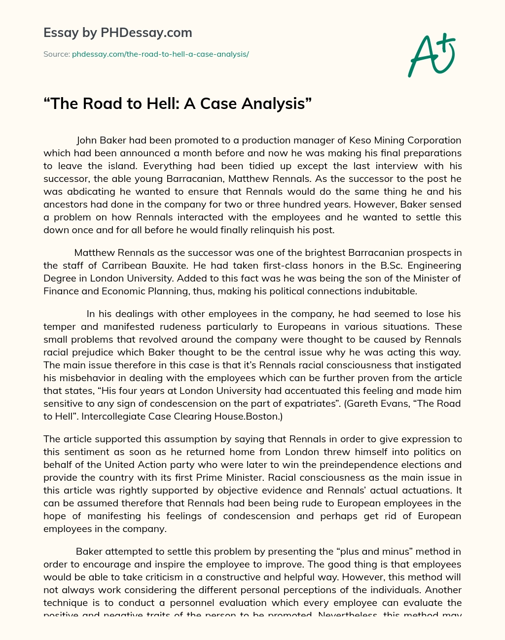 The Road to Hell: A Case Analysis essay
