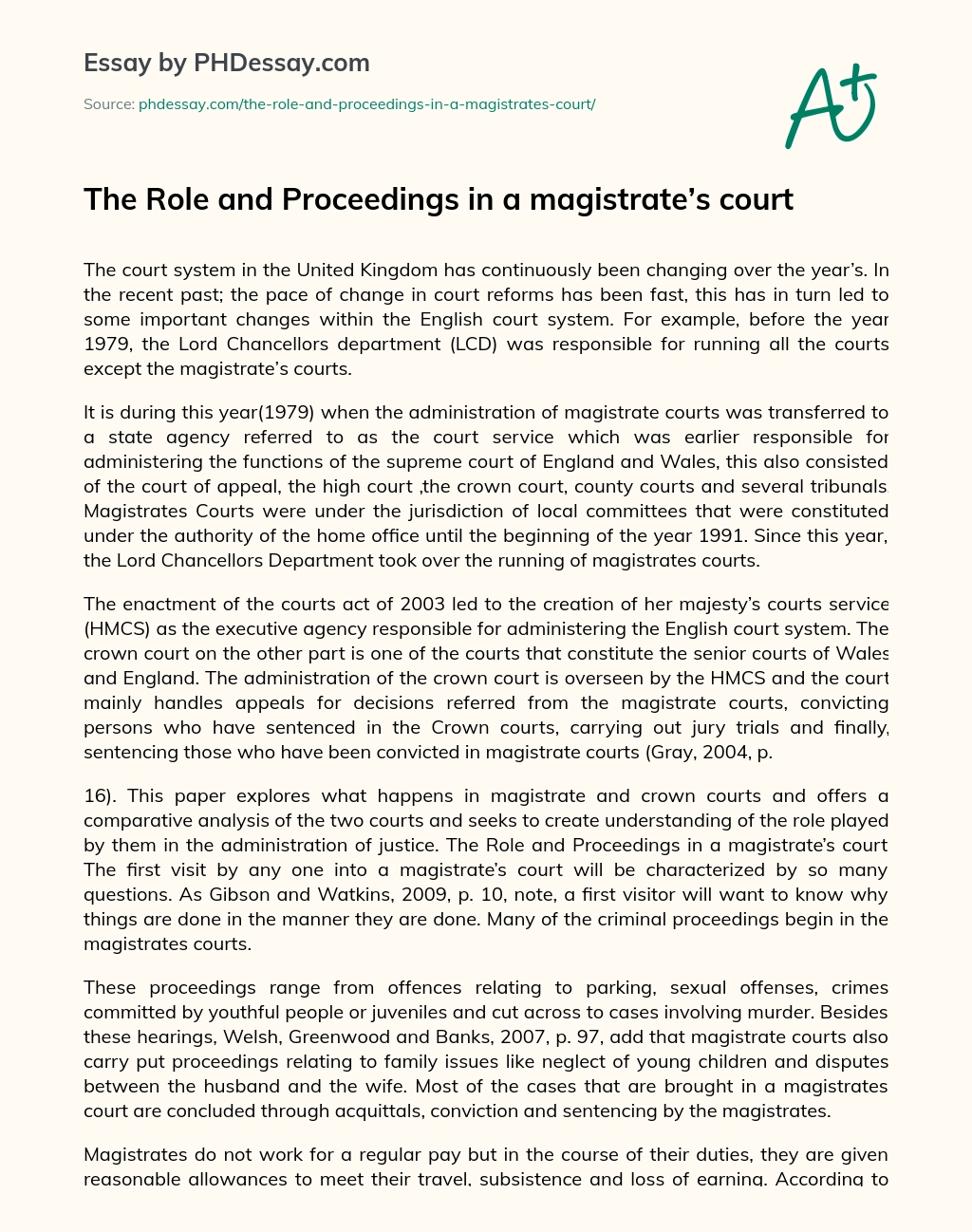 The Role and Proceedings in a magistrate’s court essay