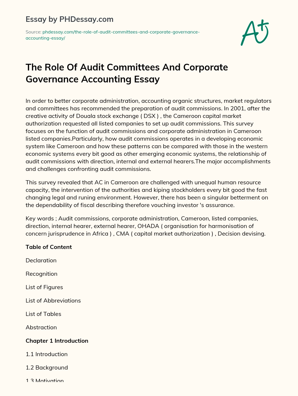 The Role Of Audit Committees And Corporate Governance Accounting Essay essay