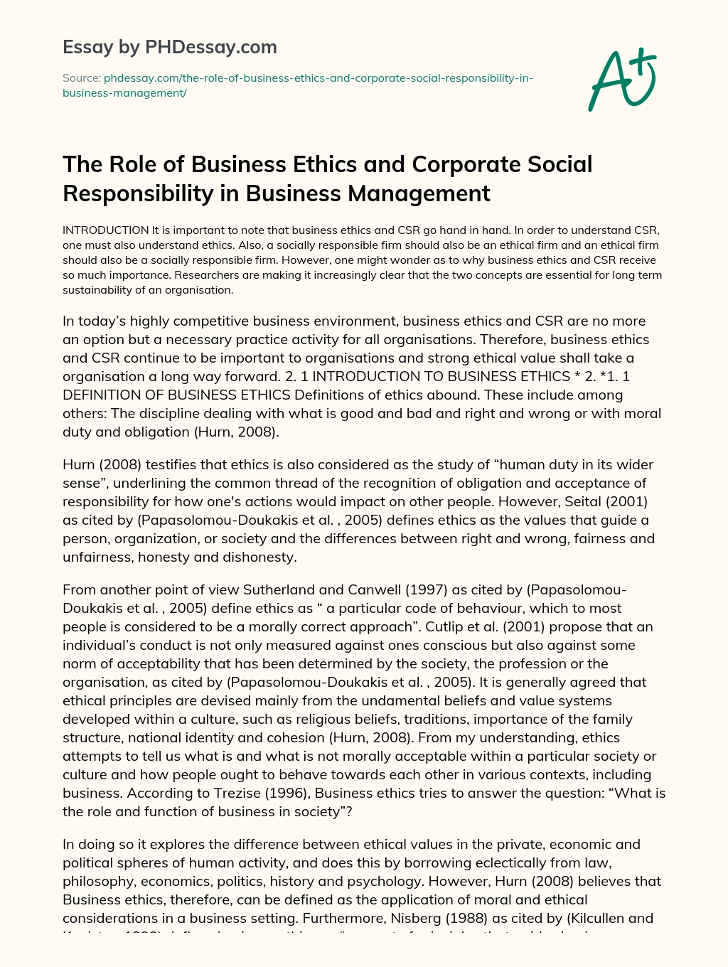 The Role of Business Ethics and Corporate Social Responsibility in Business Management essay