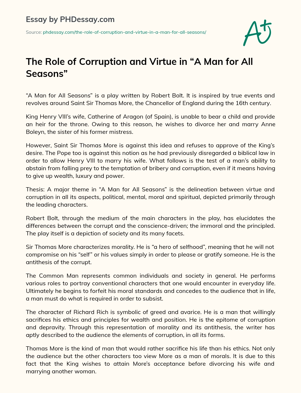 The Role of Corruption and Virtue in “A Man for All Seasons” essay