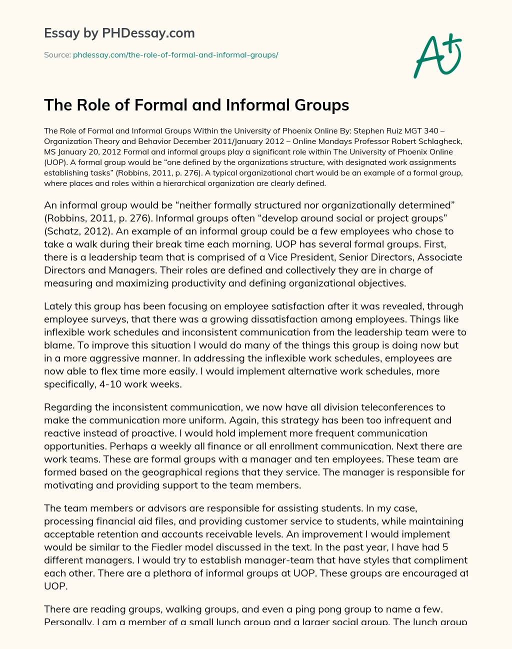 The Role of Formal and Informal Groups essay