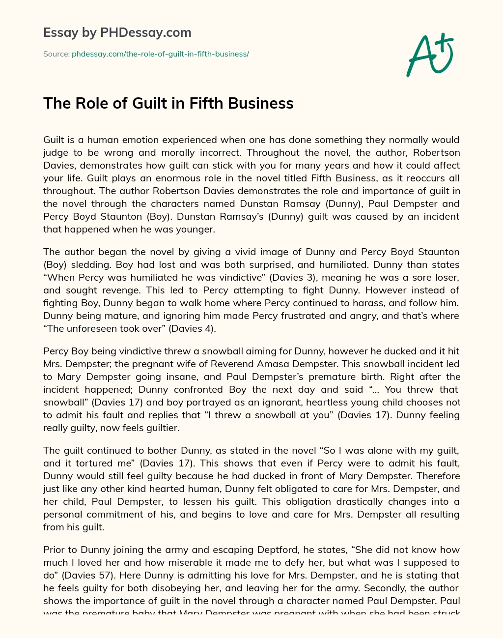 The Role Of Guilt In Fifth Business Phdessay Com