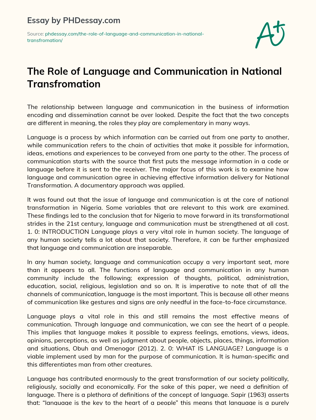 The Role of Language and Communication in National Transfromation essay
