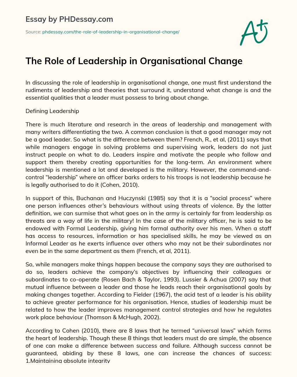 The Role of Leadership in Organisational Change essay