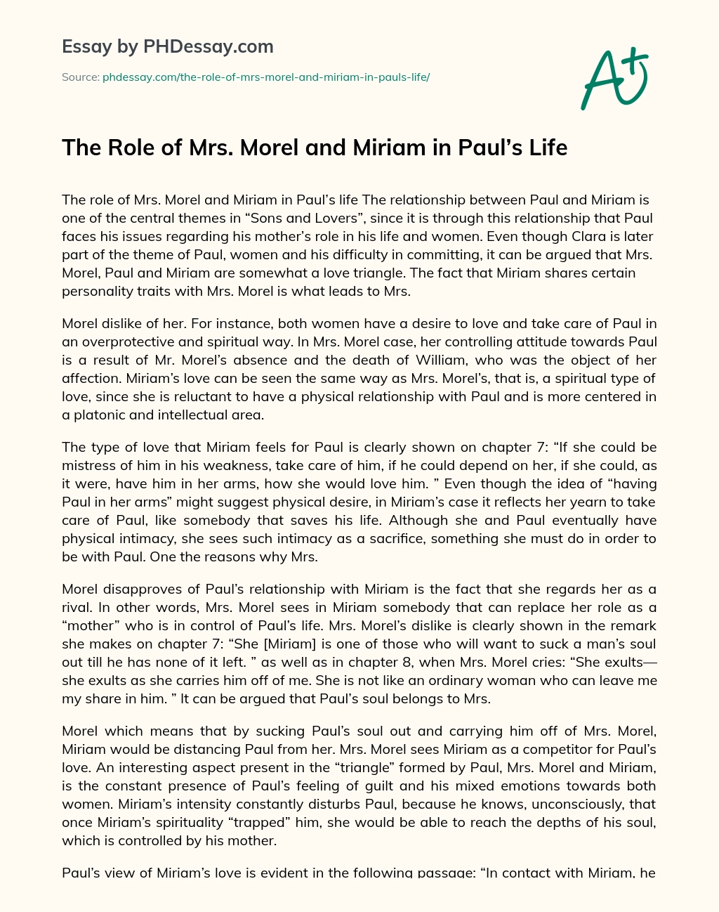 The Role of Mrs. Morel and Miriam in Paul’s Life essay