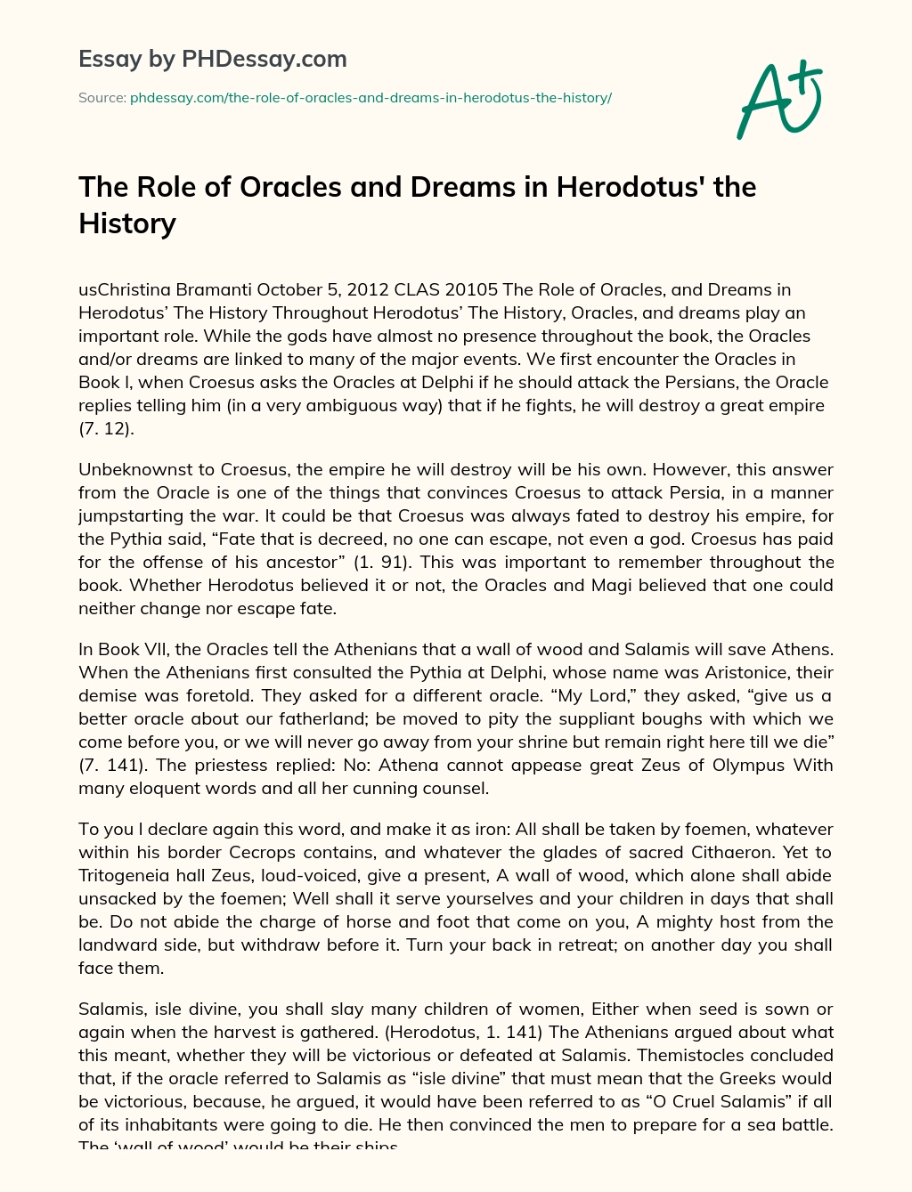 The Role of Oracles and Dreams in Herodotus’ the History essay