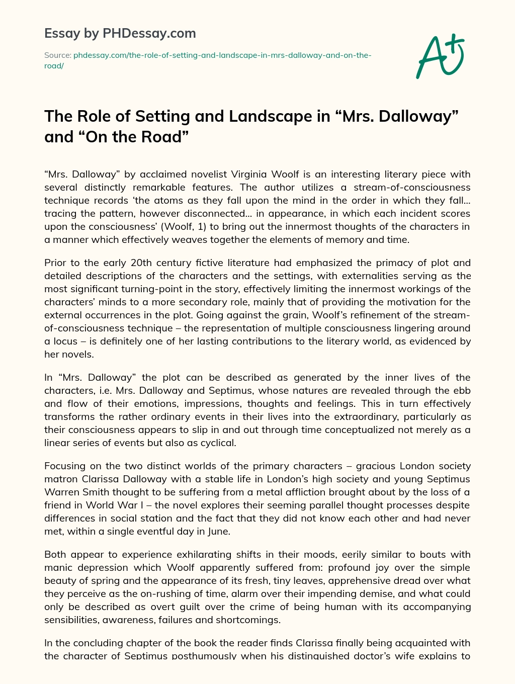 The Role of Setting and Landscape in “Mrs. Dalloway” and “On the Road” essay