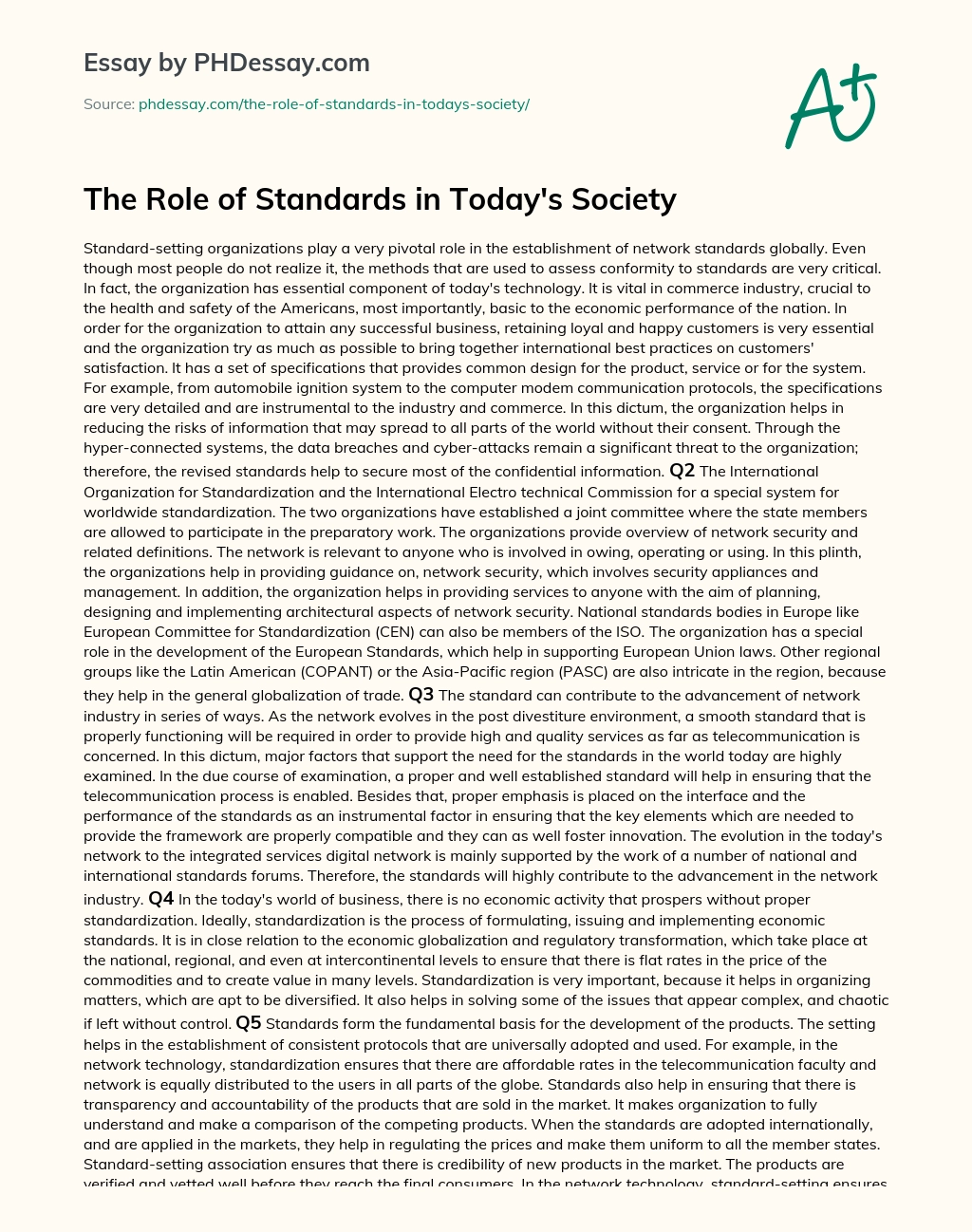 The Role of Standards in Today’s Society essay