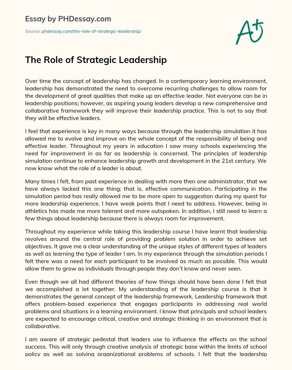 The Role of Strategic Leadership essay