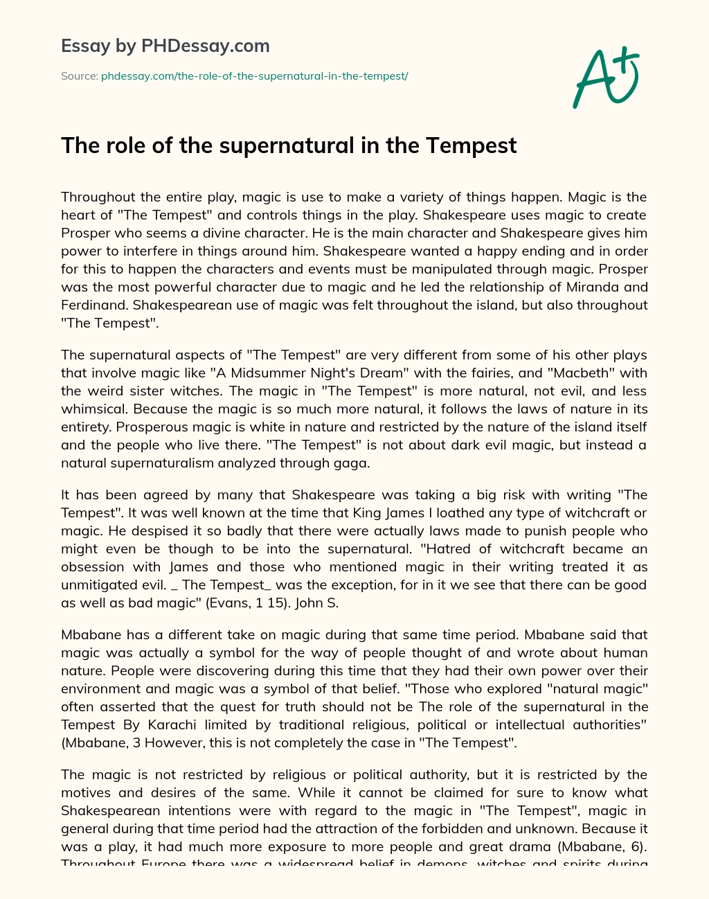 The role of the supernatural in the Tempest essay