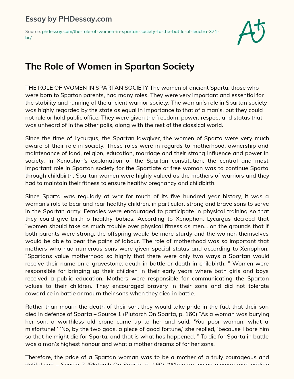 The Role of Women in Spartan Society essay